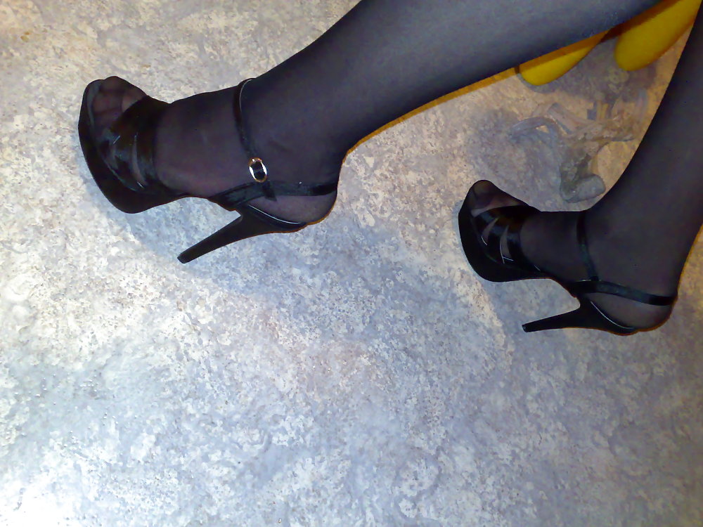 Silky black stockings & black high heels #135666