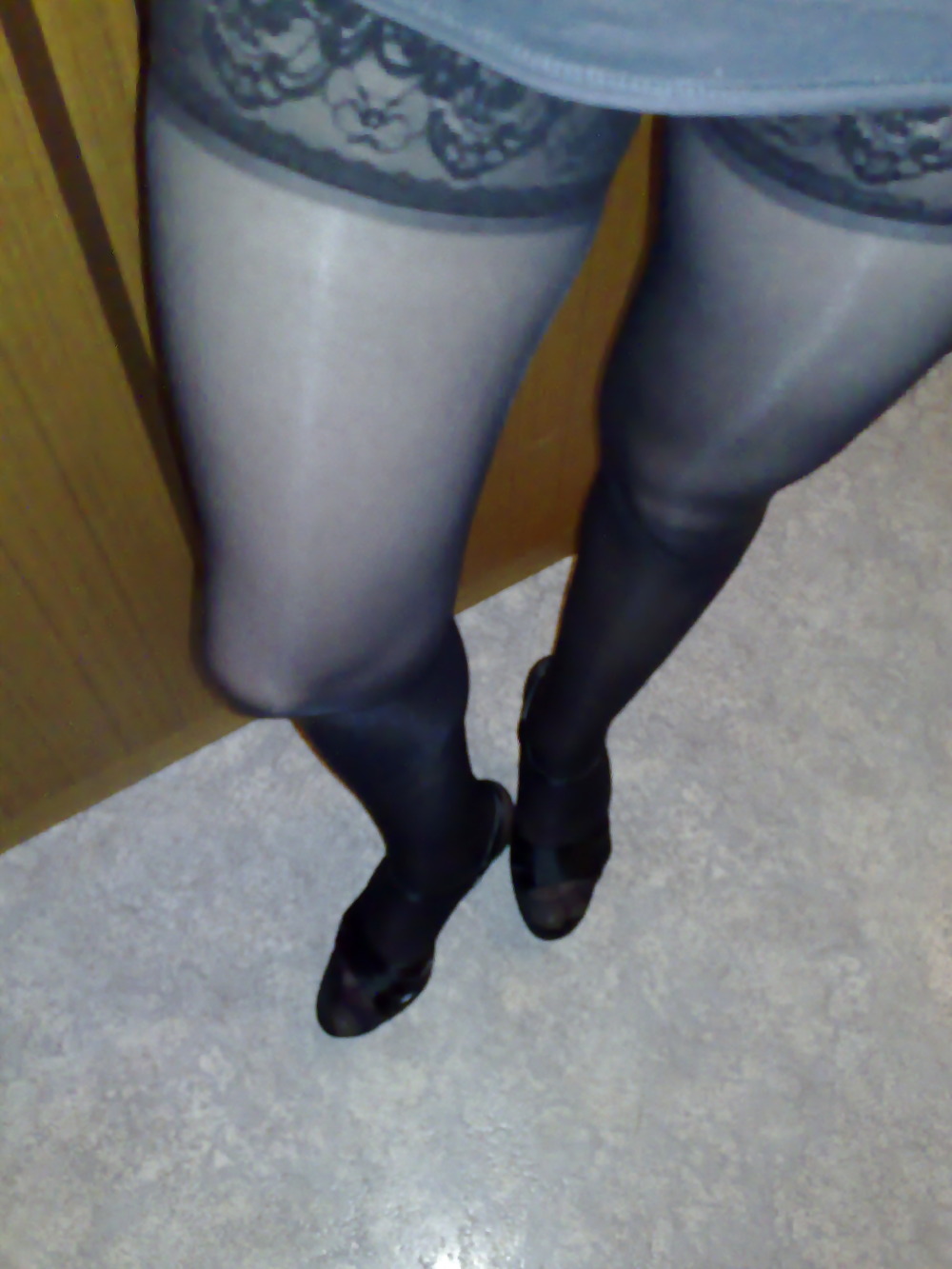 Silky black stockings & black high heels #135780