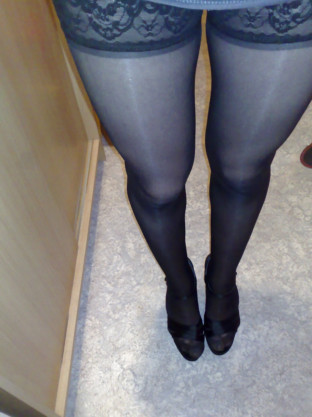 Silky black stockings & black high heels #135799