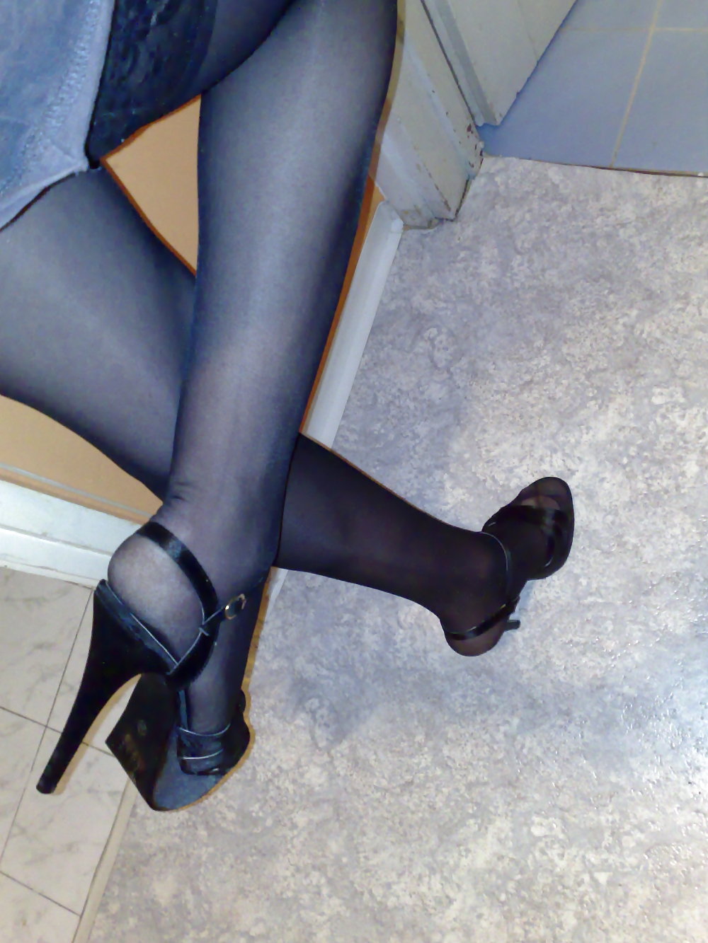 Silky black stockings & black high heels #135842