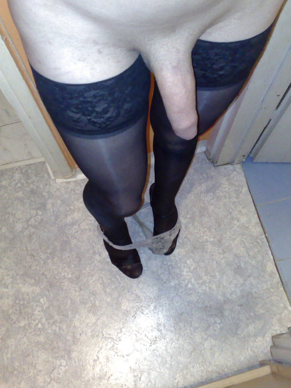 Silky black stockings & black high heels #135855