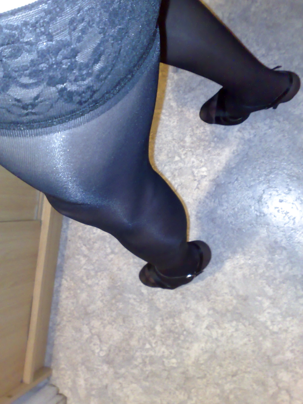 Silky black stockings & black high heels #135878