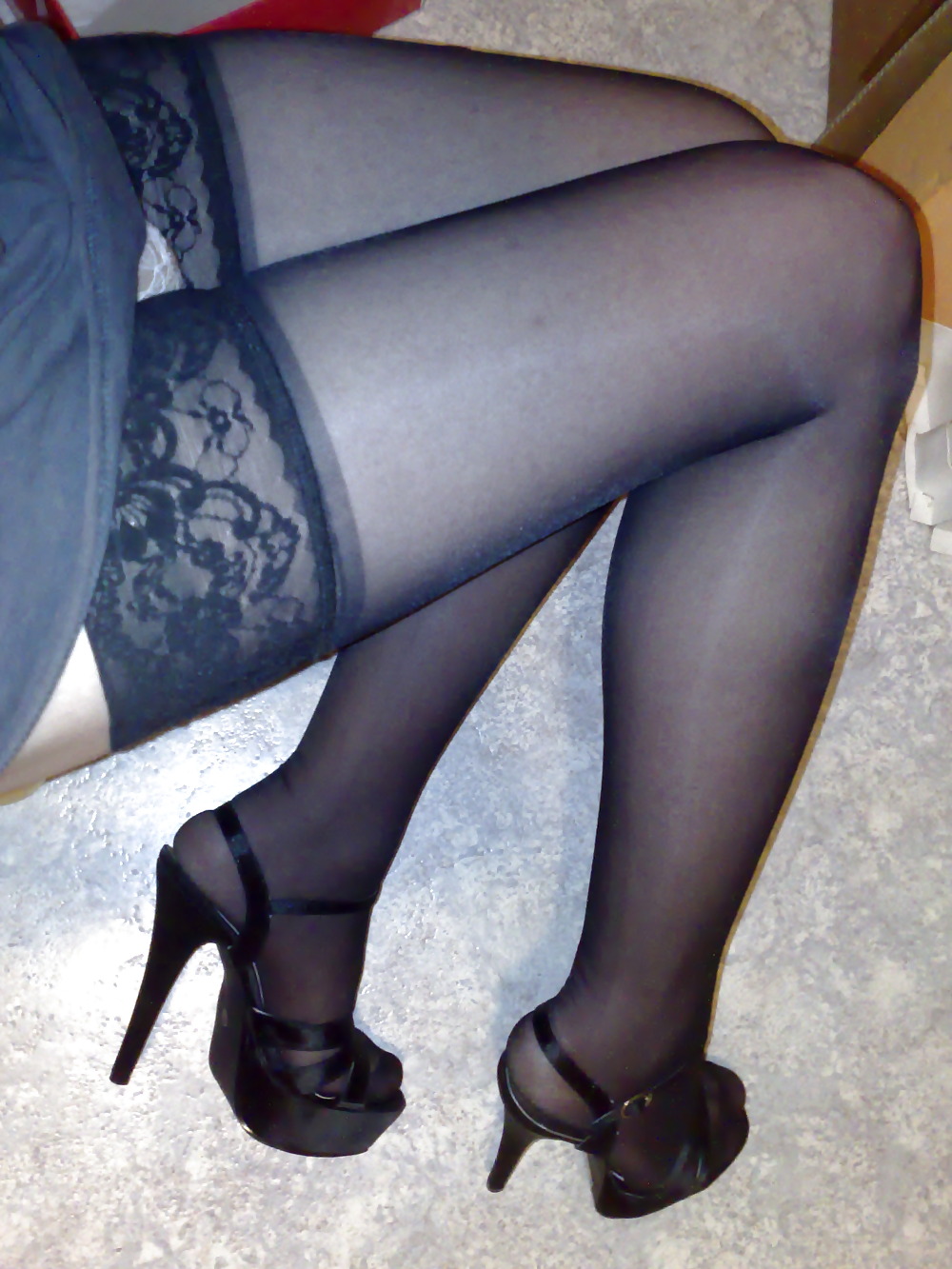 Silky black stockings & black high heels #135905