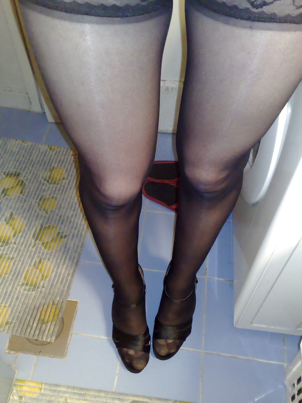 Silky black stockings & black high heels #135917