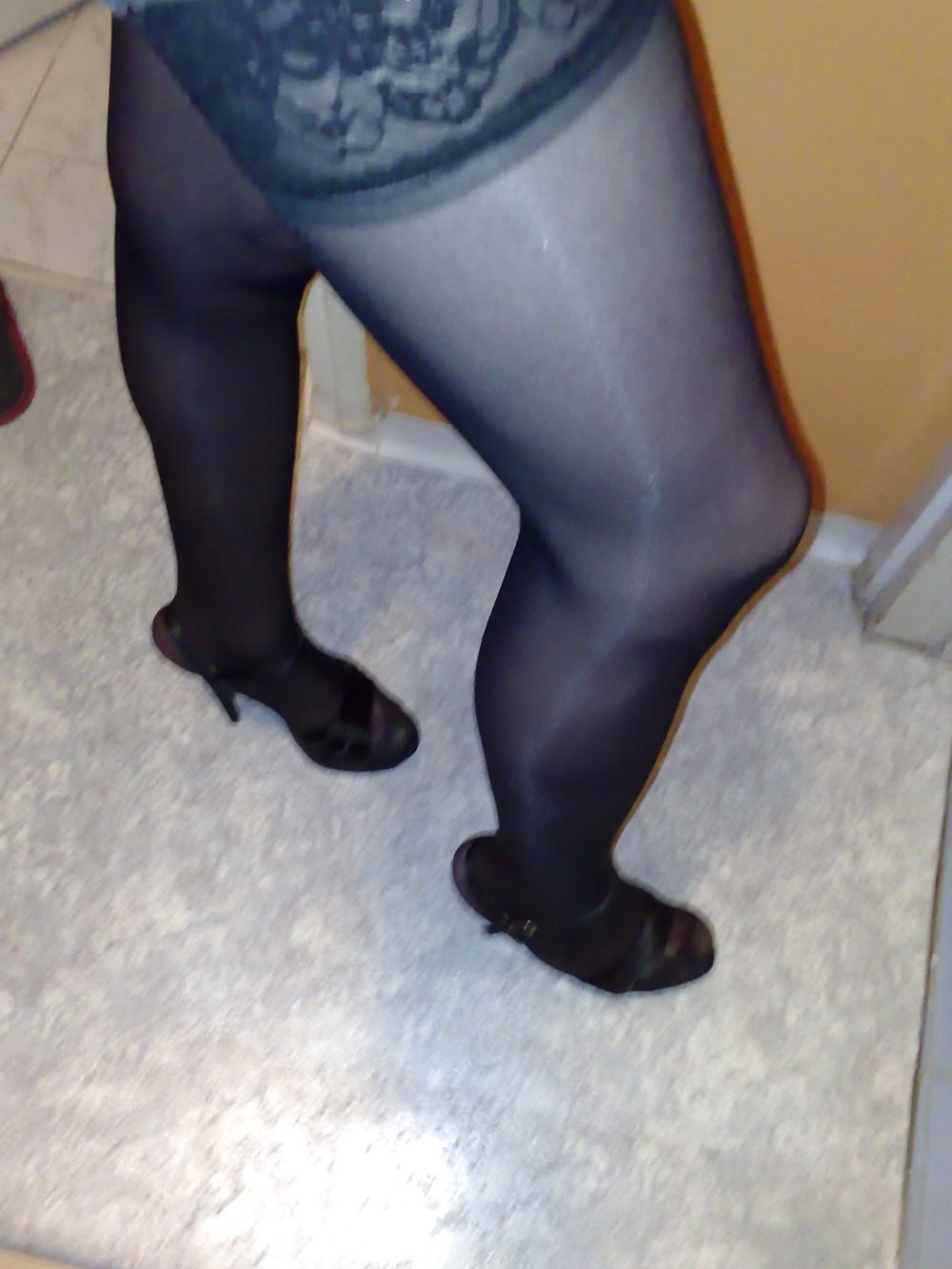 Silky black stockings & black high heels #135931