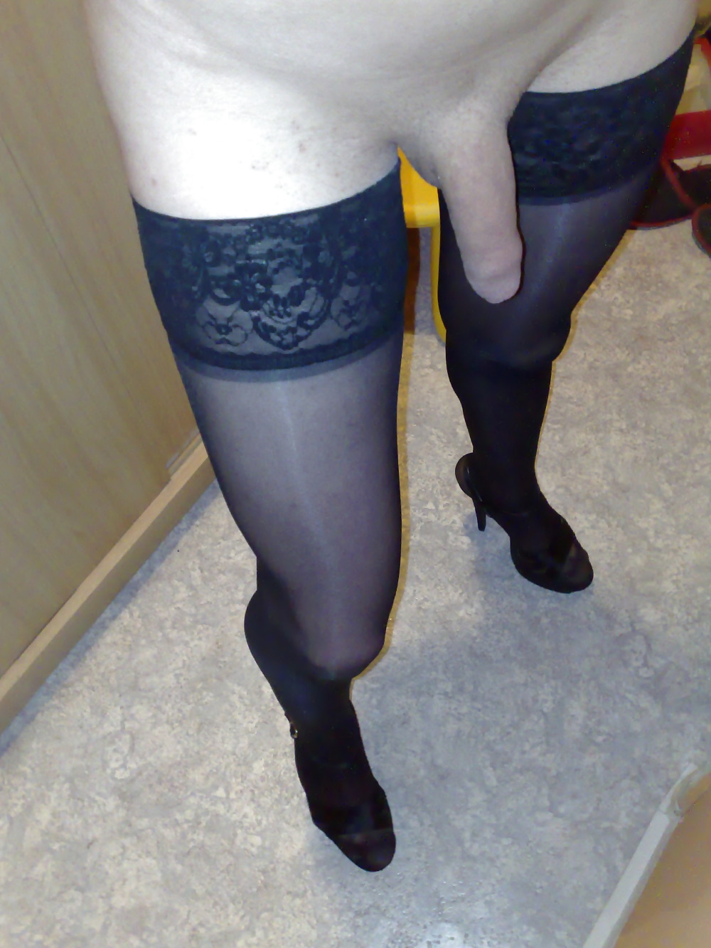 Silky black stockings & black high heels #135992