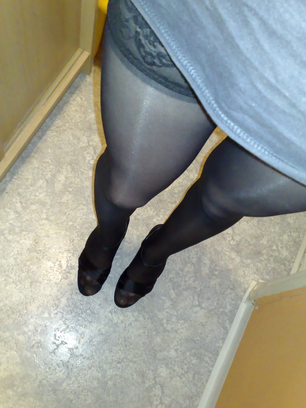 Silky black stockings & black high heels #136008