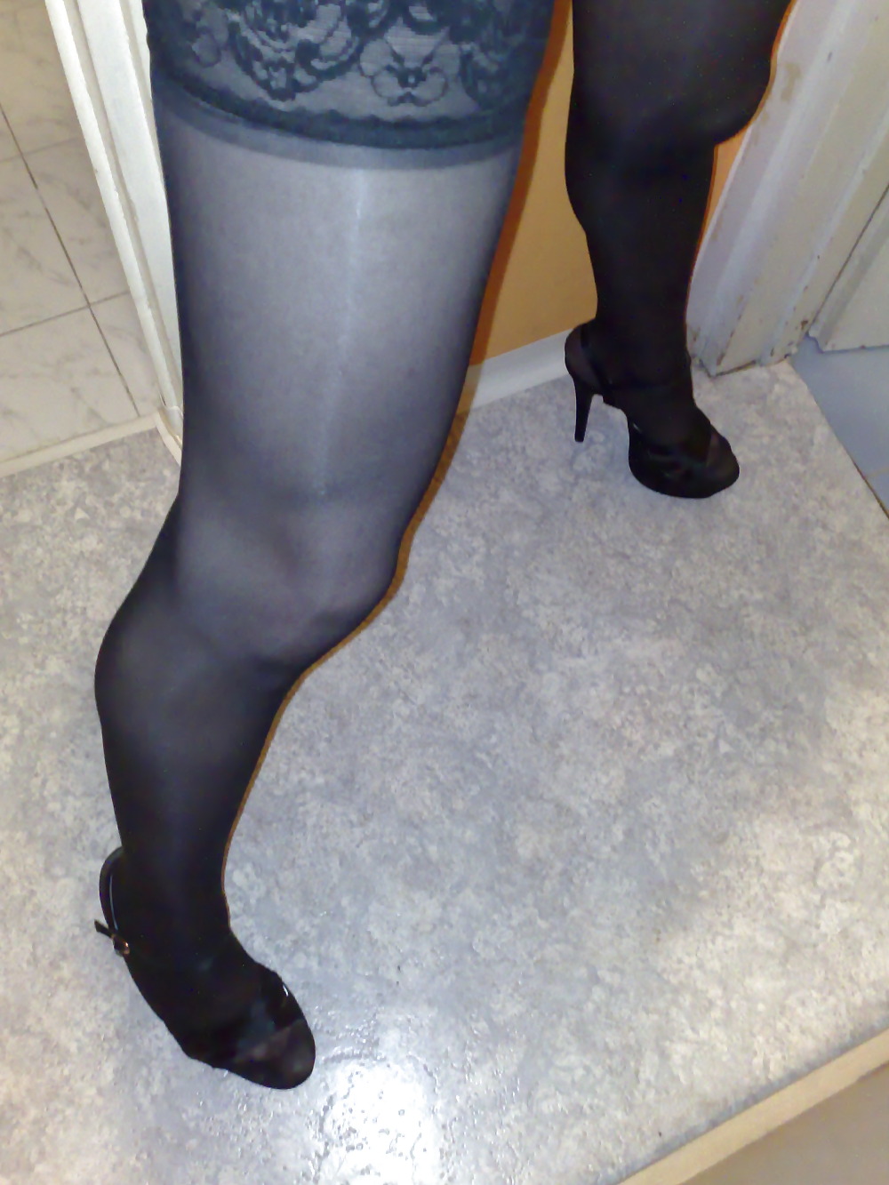 Silky black stockings & black high heels #136019