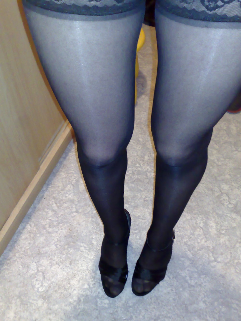 Silky black stockings & black high heels #136055