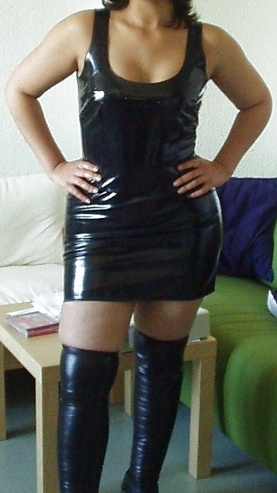 My wife in black vinyl dress and thigh high boots #20014916