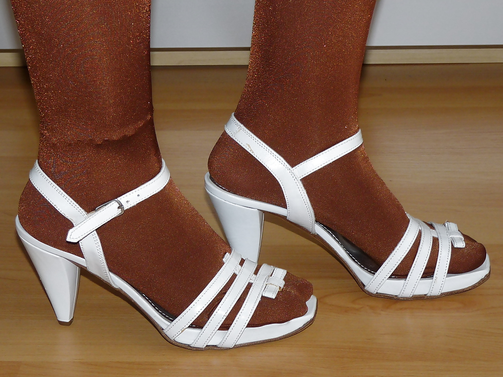 Wifes white heels brown shiny satin pantyhose #17919334