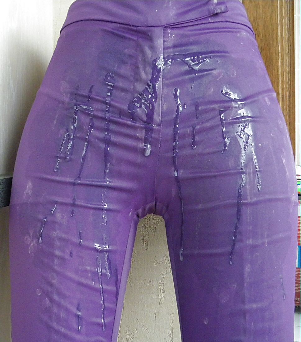 Another cumshot on shiny purple pants... (front) #21515110