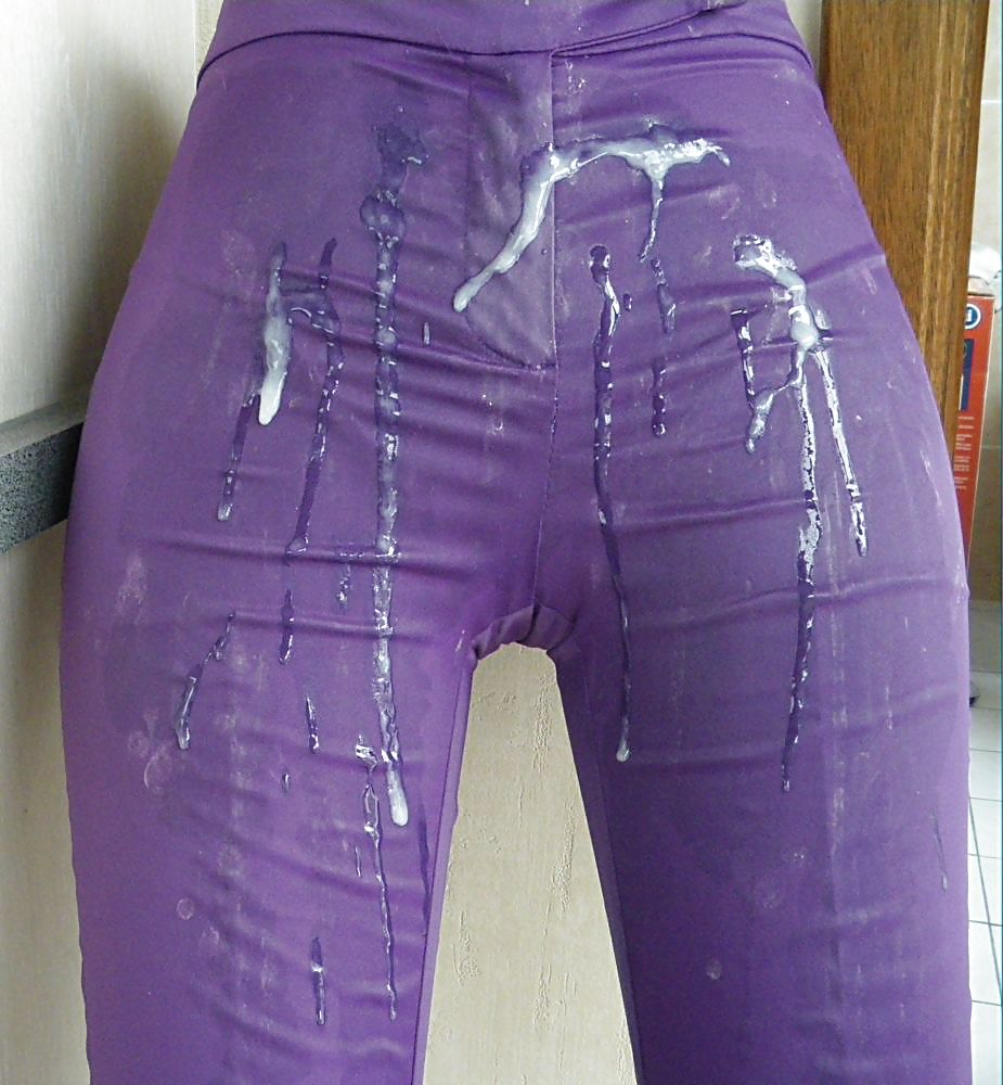 Another cumshot on shiny purple pants... (front) #21515114