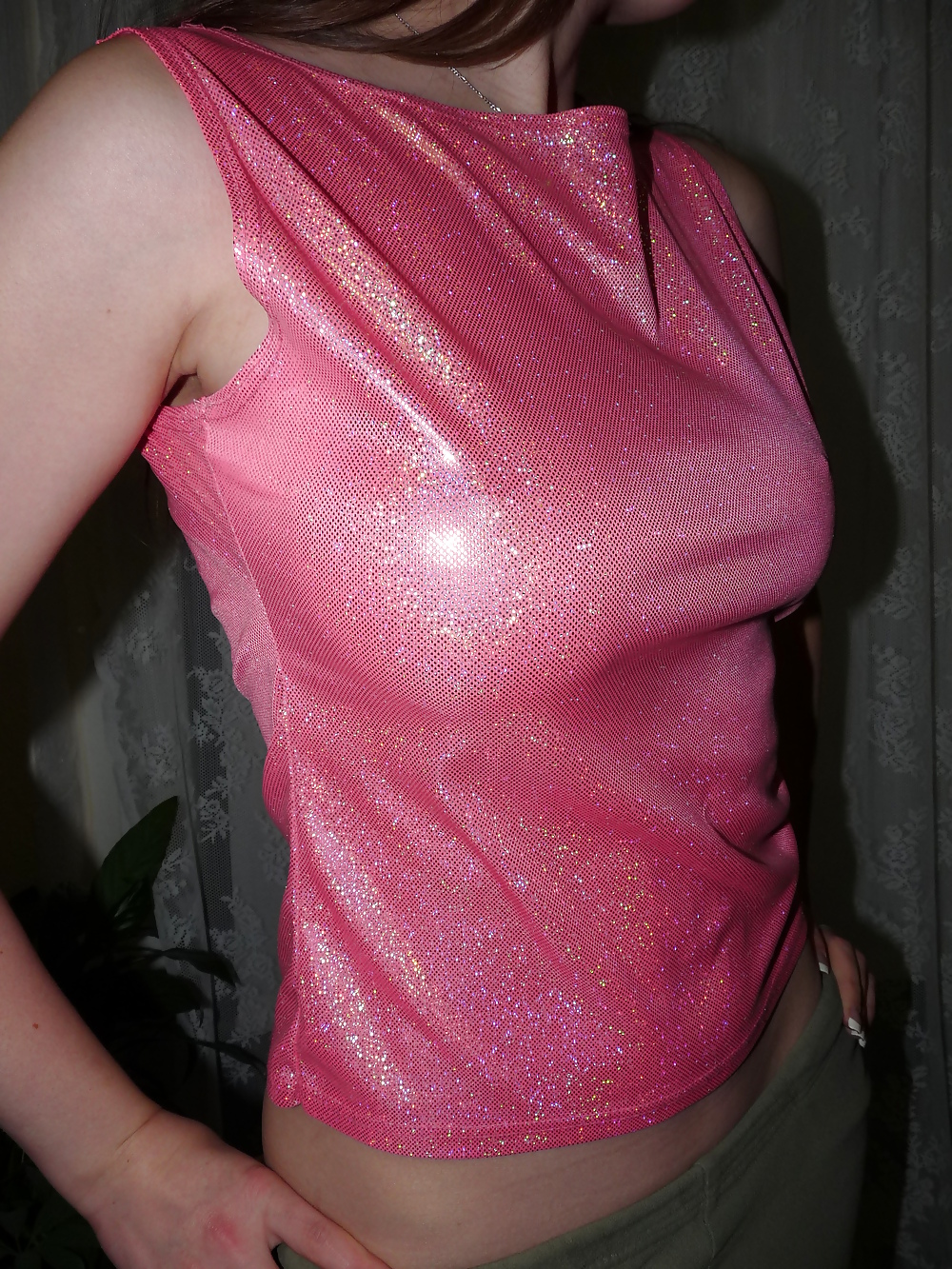 Wifes pink silk satin shiny hologramm top #17654559