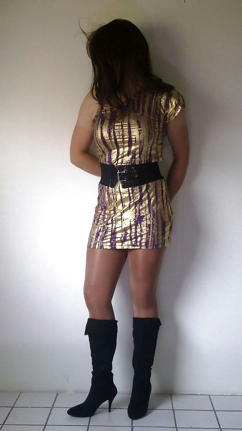 Shiny gold dress with high heeled boots cd tv sissy #4829934