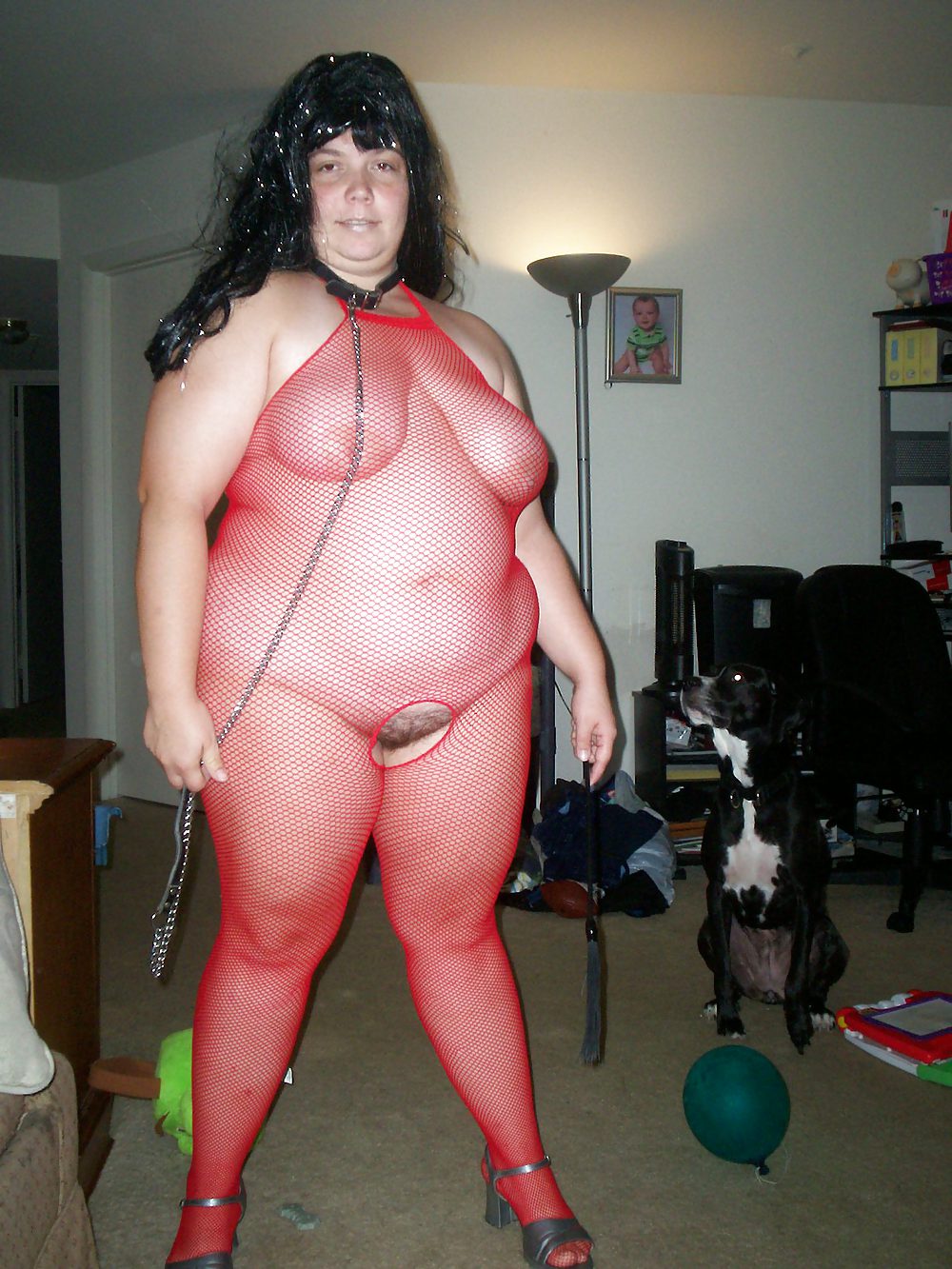 My wife in red body suit on a collar n leash #13478048