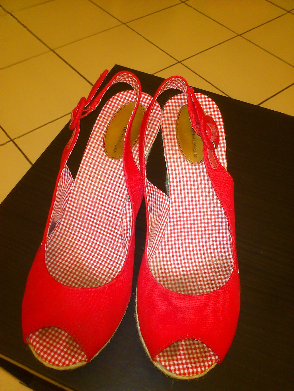Cum on my girlfriend's red open toes heels #15083857