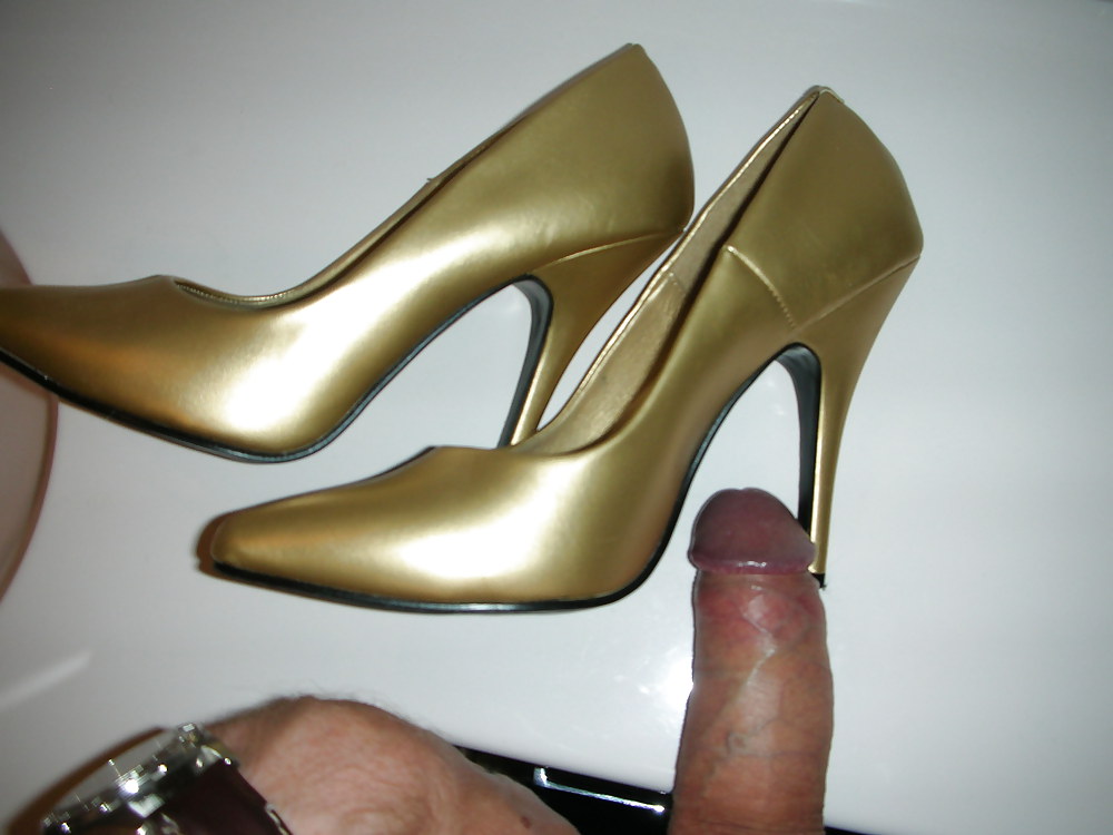 Wife cum over her gold high heels #17532141