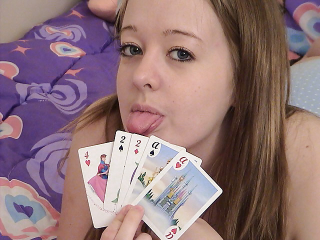 Chubby brunette playing cards on her bed #19870702