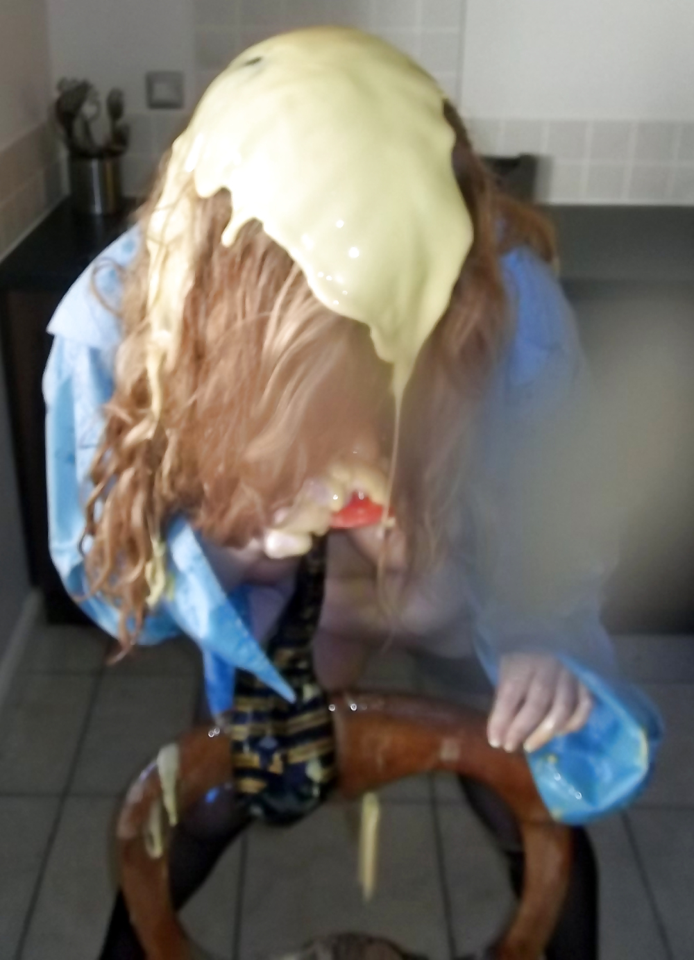 Wet and messy fun with custard and pantyhose #4593058