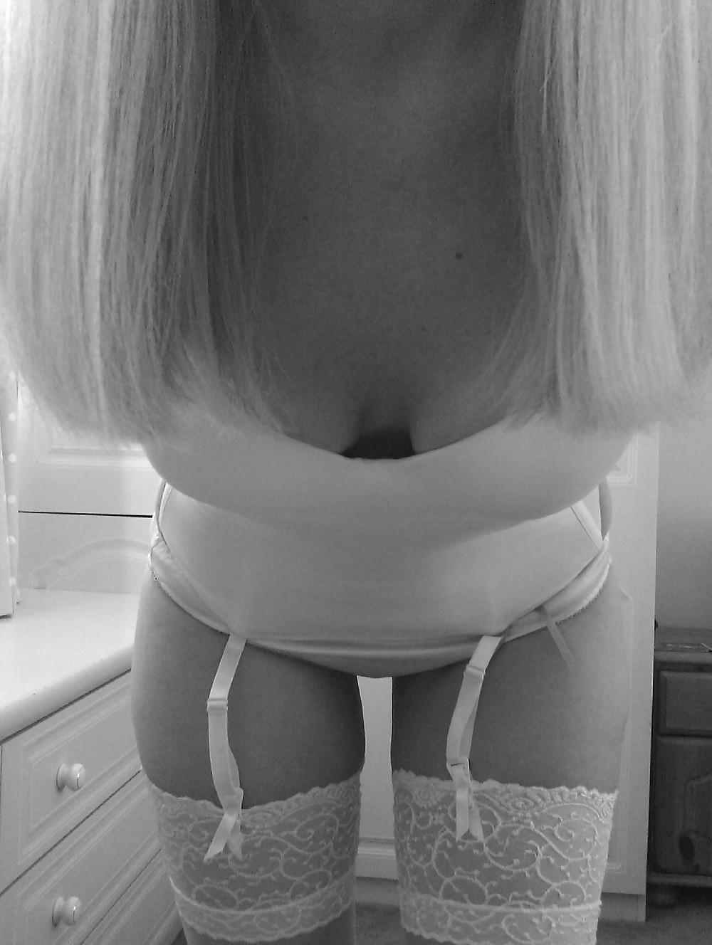 Blonde milf in white basque and stockings #8827193