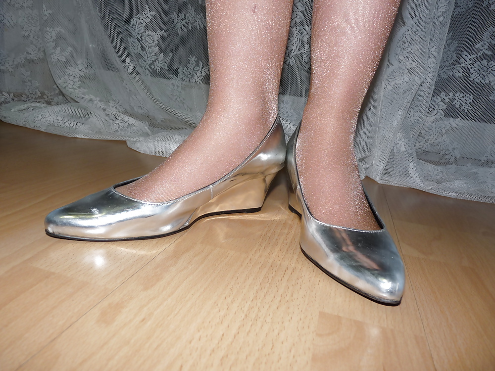 Wifes silver wedges heels shoes flats ballerinas feet  #16348977