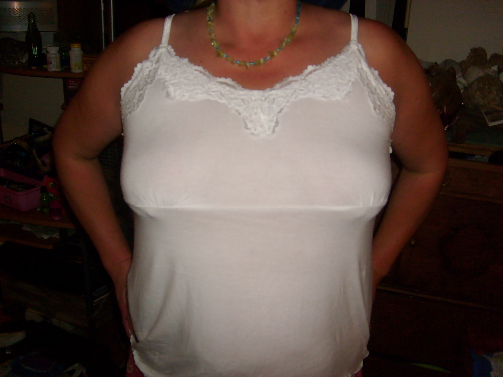 MILF wife shows itty bittty BBW tits in sheer top