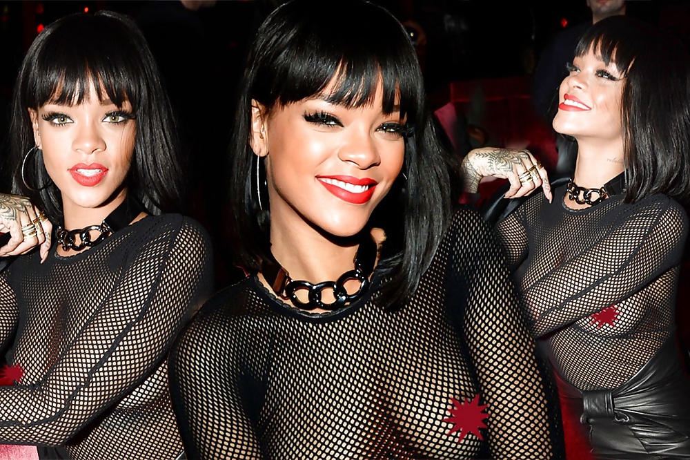 Rihanna: Nipples See-Through Fishnet Paris 2014 - Ameman #35270580