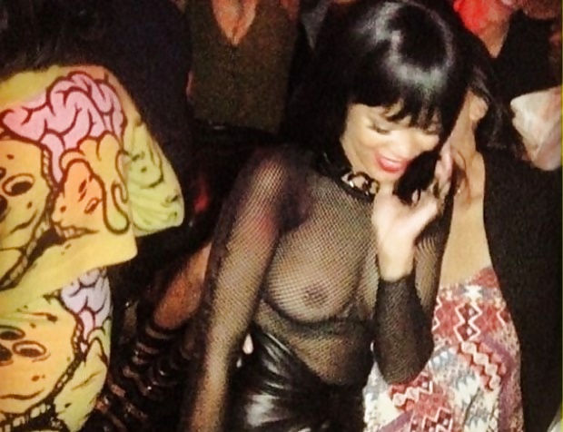 Rihanna: Nipples See-Through Fishnet Paris 2014 - Ameman #35270591