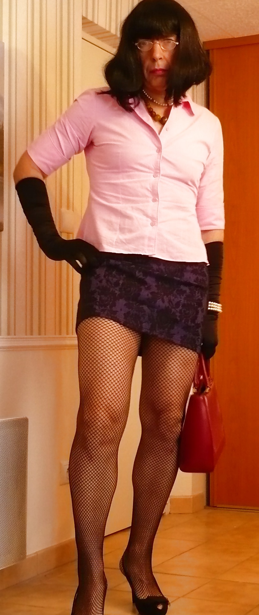 Pink blouse and fishnet stocking #33292577