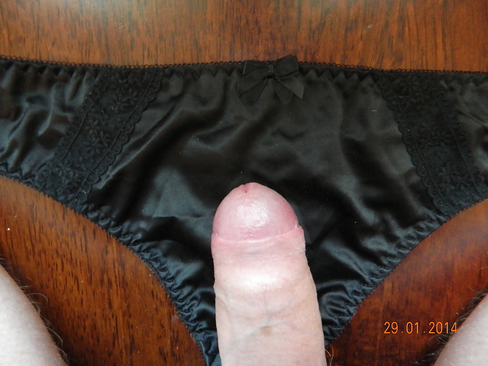Unloading in Moms new black satin thong #26653284
