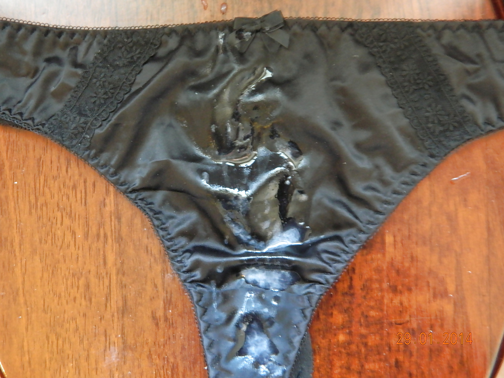 Unloading in Moms new black satin thong #26653294