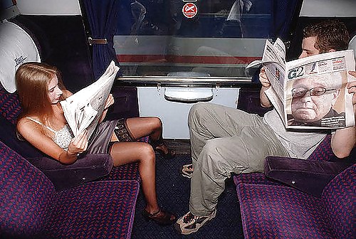 Women flashing stockings on public transport.  #39936793
