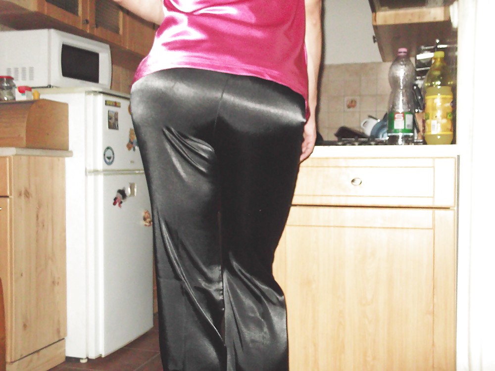 Black satin trousers and pink satin top #36632374