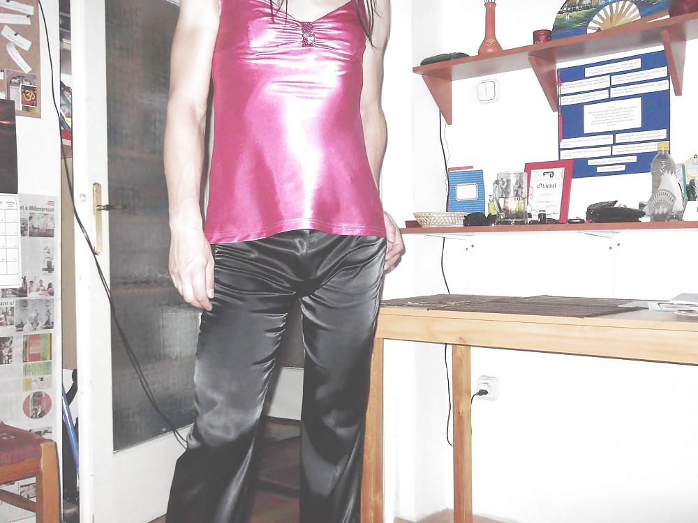 Black satin trousers and pink satin top #36632384