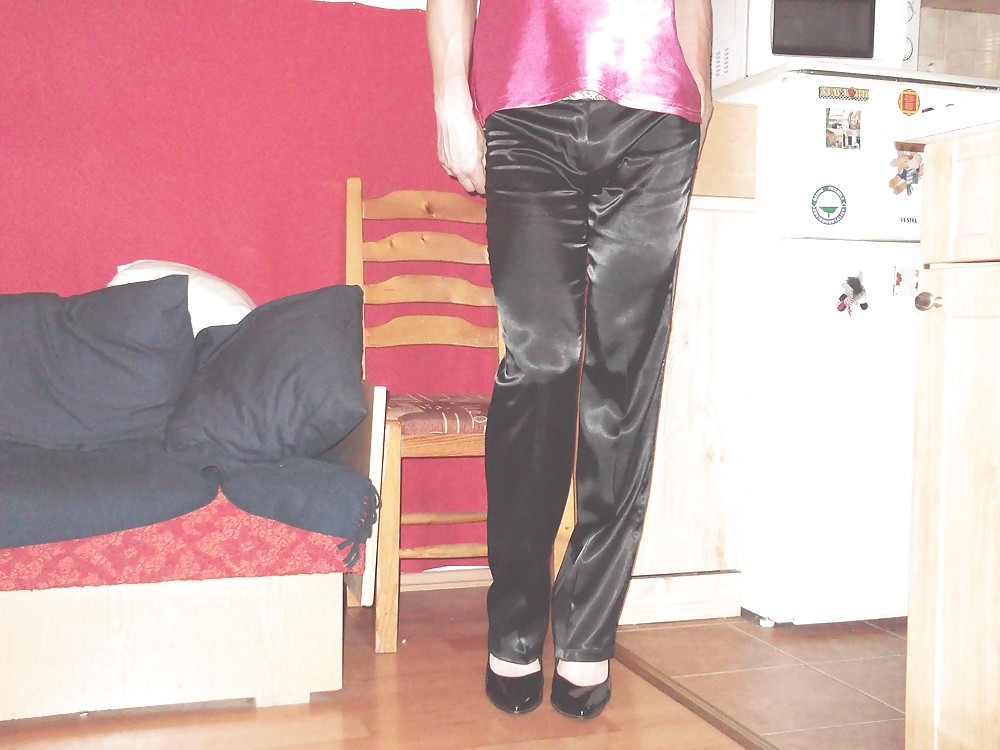 Black satin trousers and pink satin top #36632392
