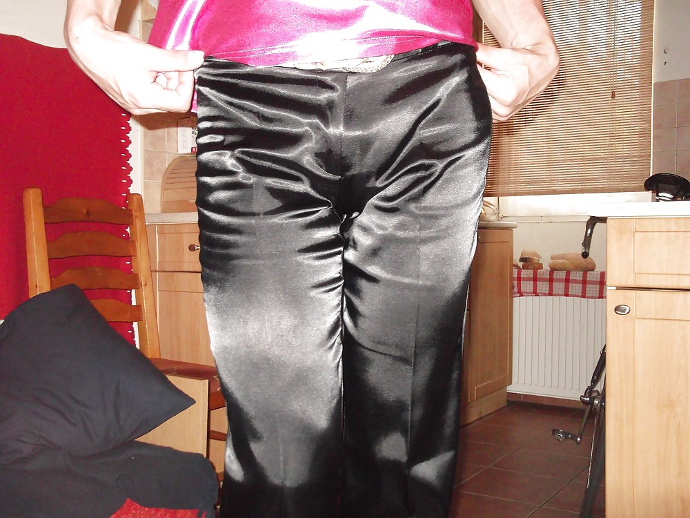 Black satin trousers and pink satin top #36632401