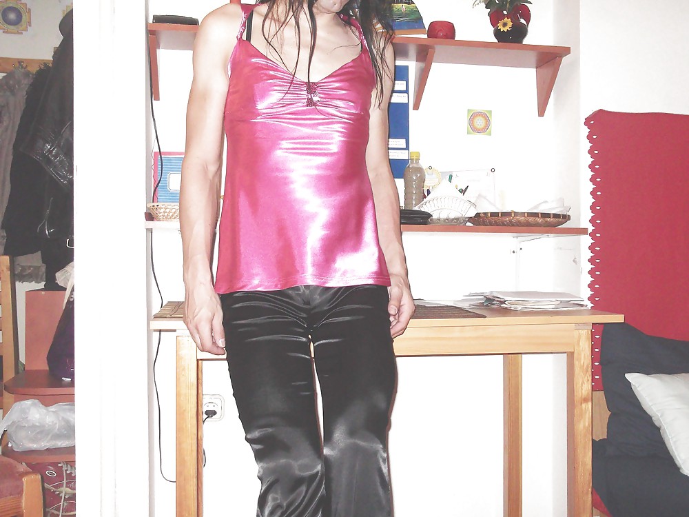 Black satin trousers and pink satin top #36632404