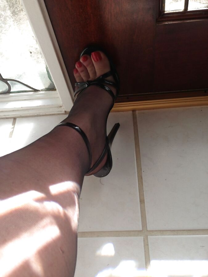 Granny nylon feet red nails #25790453