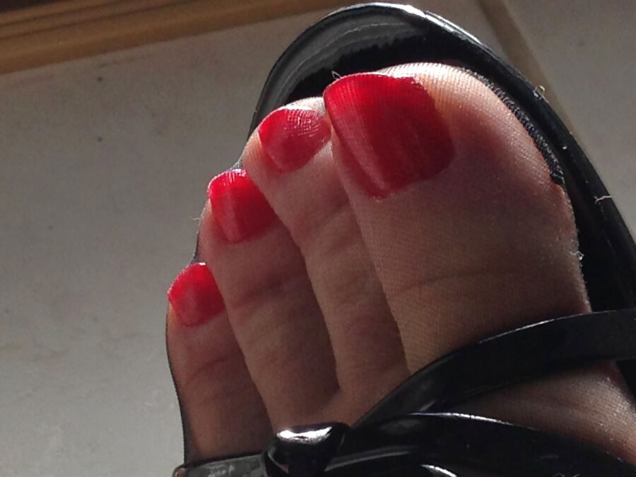 Granny nylon feet red nails #25790477