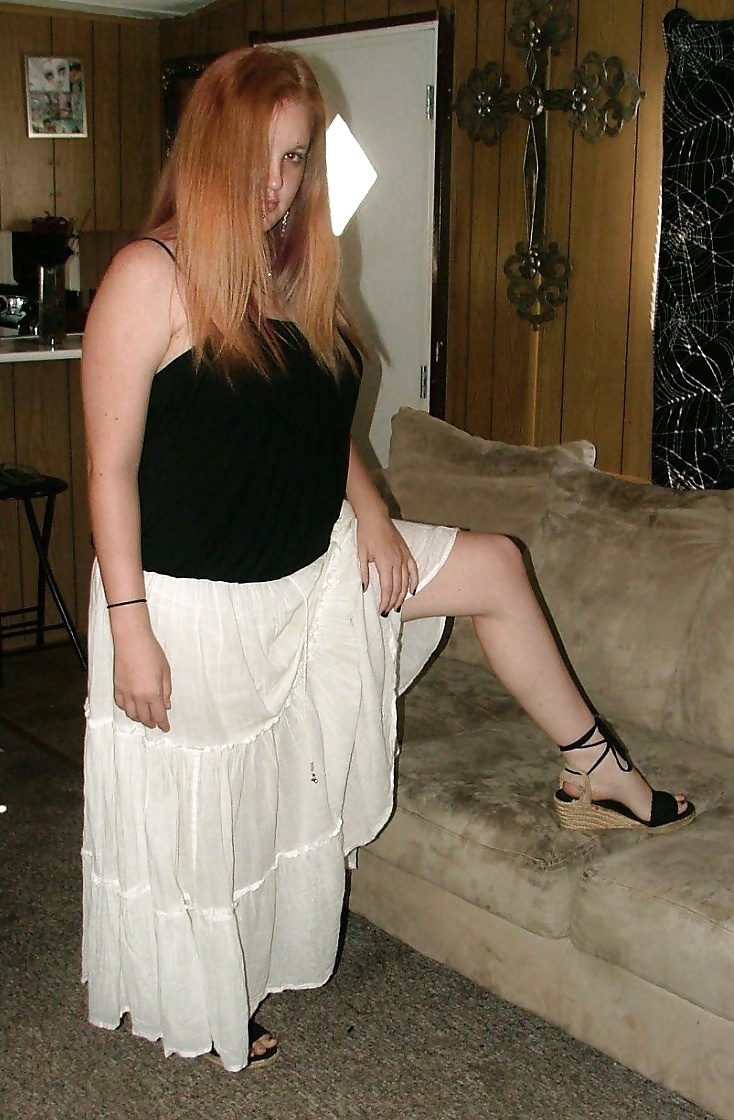 Redhead in white skirt,shows Big Pussy Lips (foot fetish) #35346420