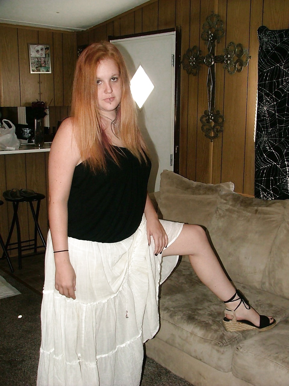 Redhead in white skirt,shows Big Pussy Lips (foot fetish) #35346427
