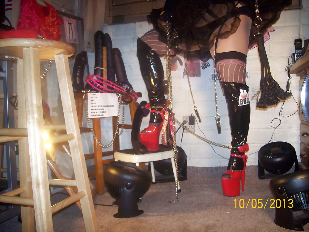 Tgirl BBC slut in chain legcuffs and handcuffs for Dadddy #35868908