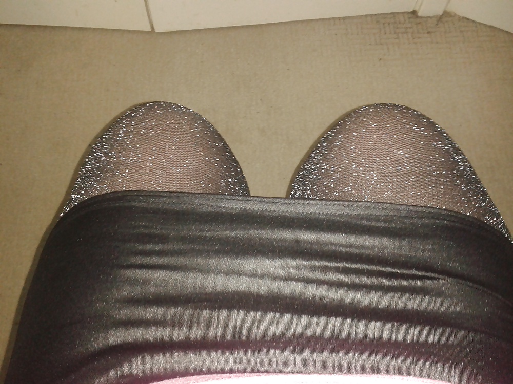 Black mini skirt, pantyhose and pink tight top #35522406