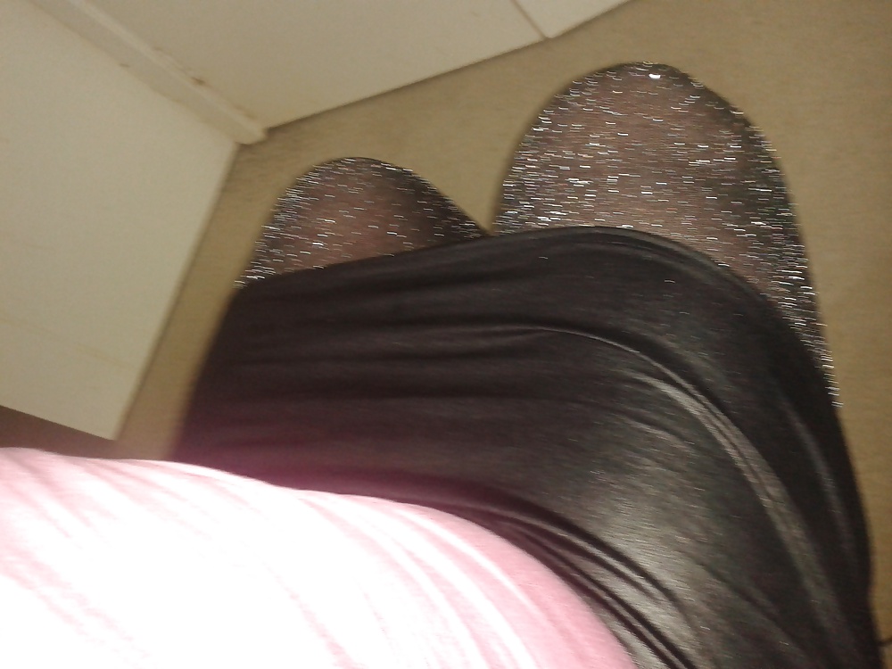 Black mini skirt, pantyhose and pink tight top #35522412