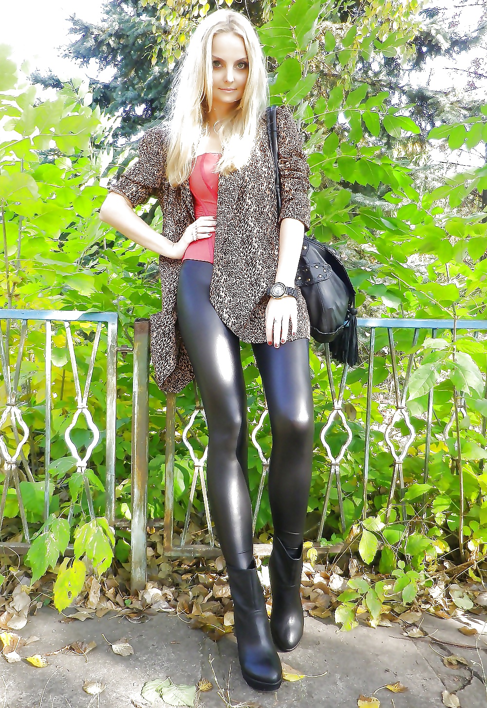 Beautiful women in variou types of shiny leggings #35211708