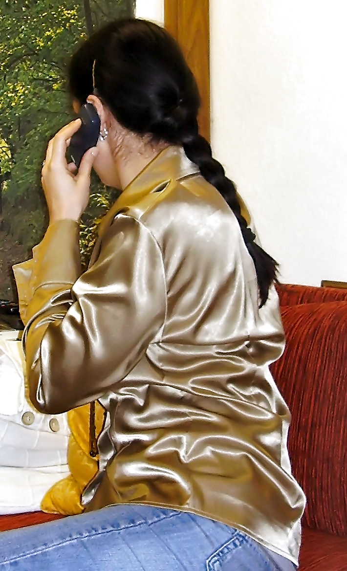 Long Tongue Mature in Gold Satin Blouse #25501512