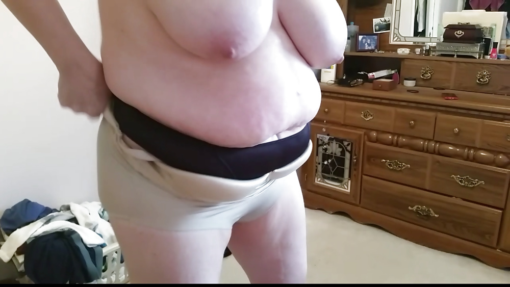 Bbw wife half naked, big tits, hard nipples, belly #39524529