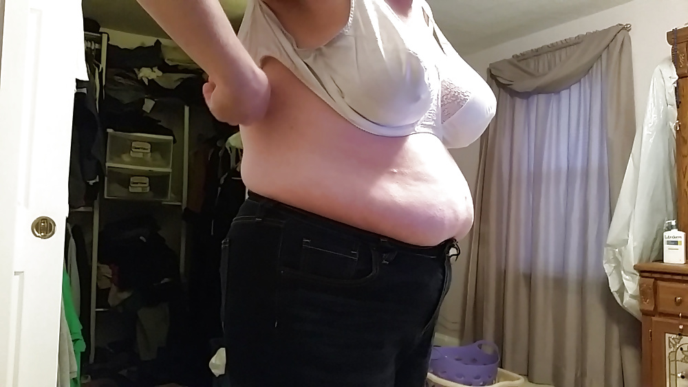 Bbw wife half naked, big tits, hard nipples, belly #39524559