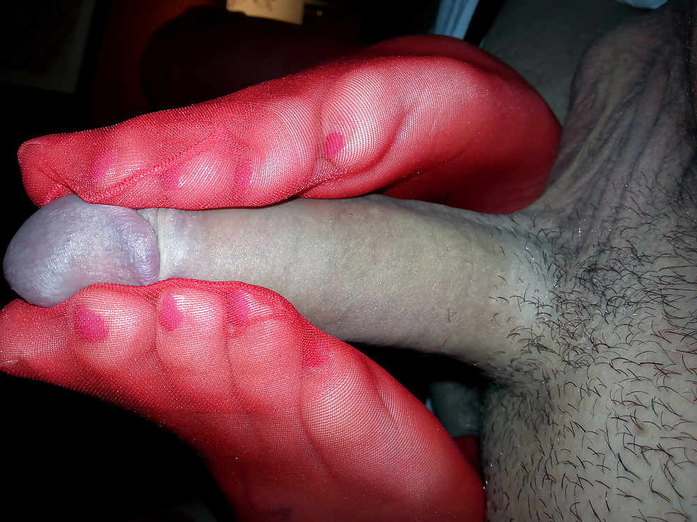 Red nylon Footjob #28208604